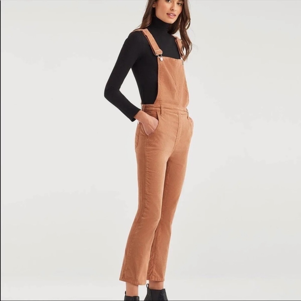NWT 7 For All Mankind Corduroy Slim Kick Flare Overalls Penny Brown Tan Large - Picture 11 of 13